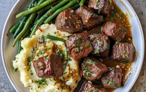 Garlic butter steak bites with mashed potato and green beans